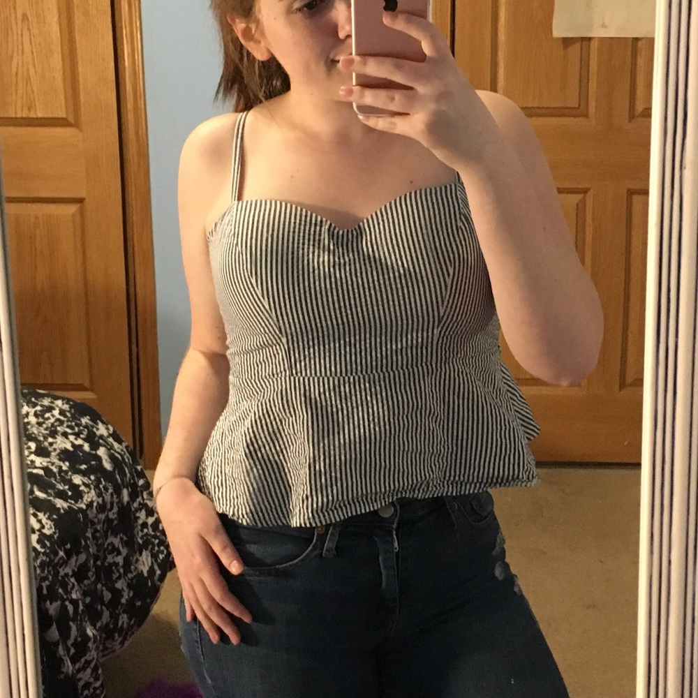 Peplum blue and white striped tank top